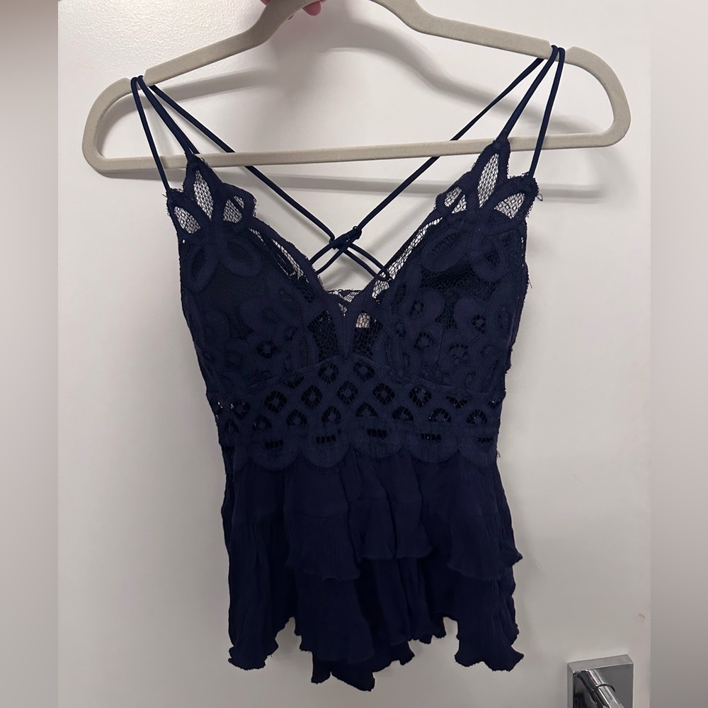 Pookie & Sebastian Lace-Trim Navy Spaghetti Strap Dress